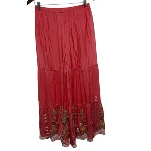 IRIS Pants Womens S Coral Floral Embroidery Italy Silk Pants Wide Leg Flowy Silk